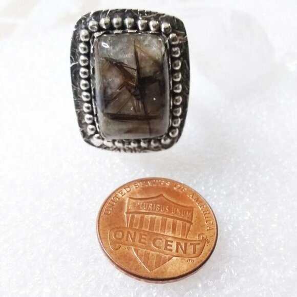 Sz 6.5 ~ Rutilated Quartz Ring! Square Cabochon! SouthWest Vibe! Wide Cigarband - Picture 5 of 10